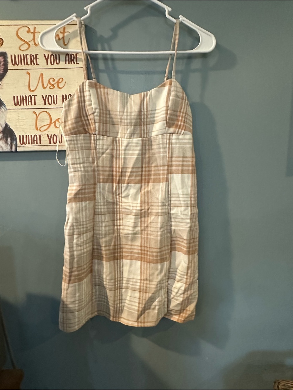 Aeropostale Beige and Cream Plaid Spaghetti-Strap Dress